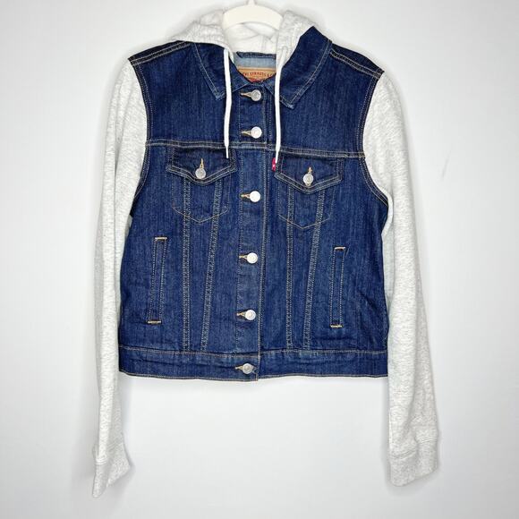 Boys Levi's Denim Jacket With Sweatshirt Sleeves And Hood Size Medium - Picture 1 of 7
